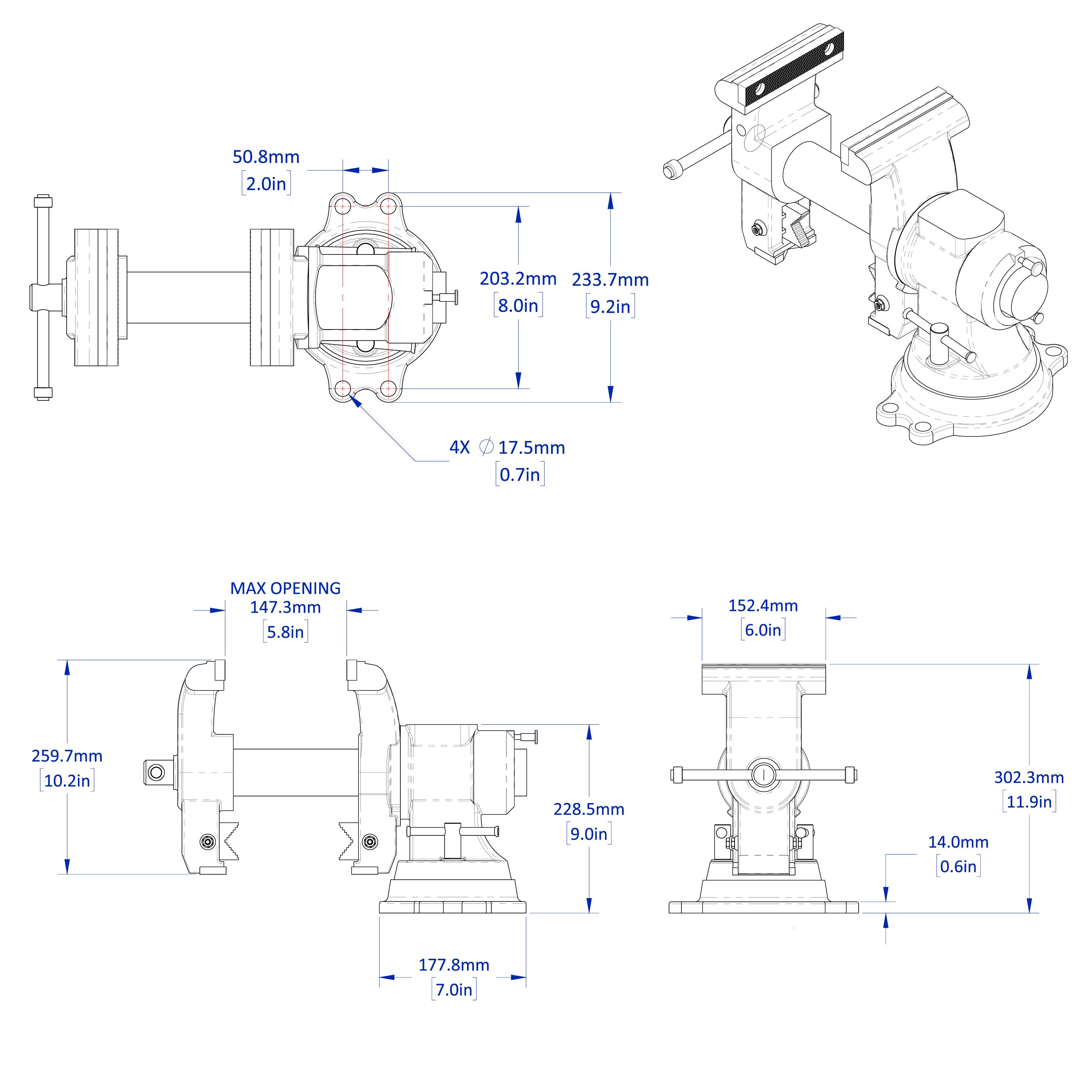 Rotating Jaw Vise, 5/8" Diameter, 2" Spacing Base Mounting