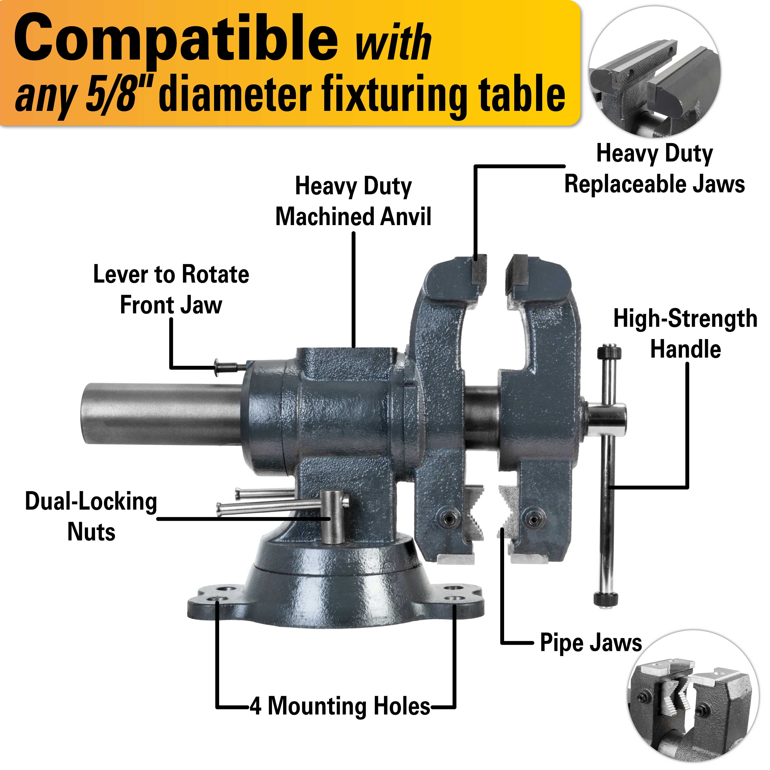 Vise with 360° Rotating Jaw & Base, 5/8" Mounting