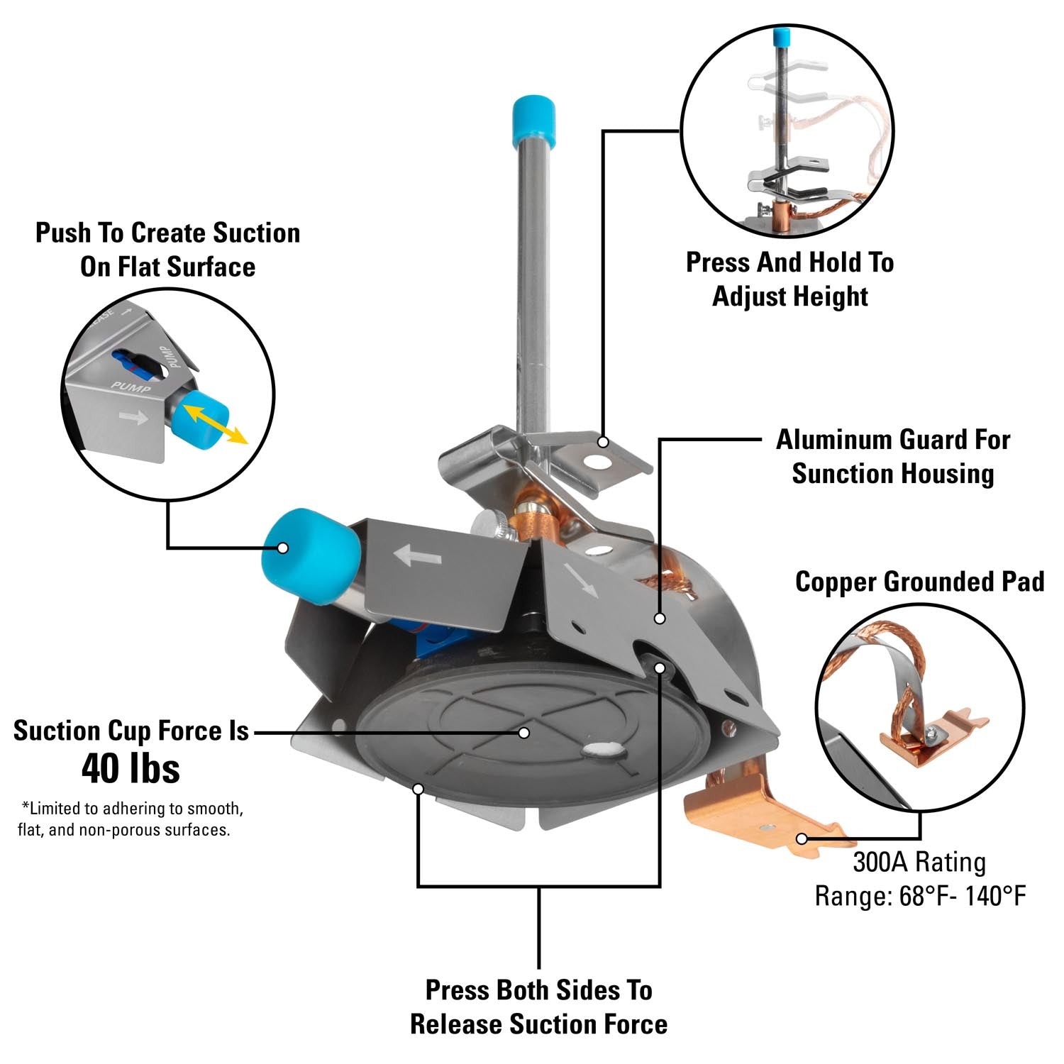 Suction Base Grounding Clamp with Adjustable Spring Arm
