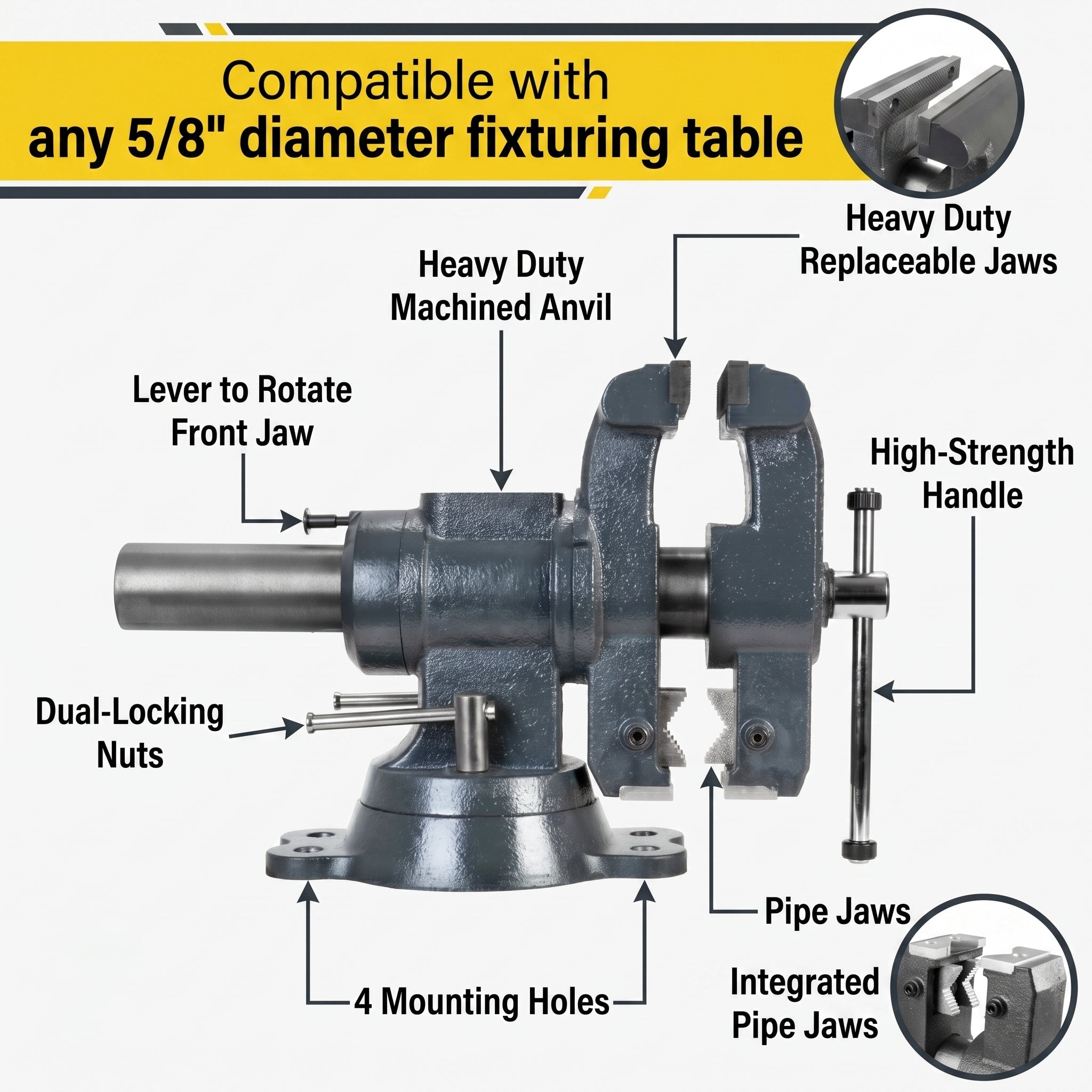 Vise with 360° Rotating Jaw & Base, 5/8" Mounting