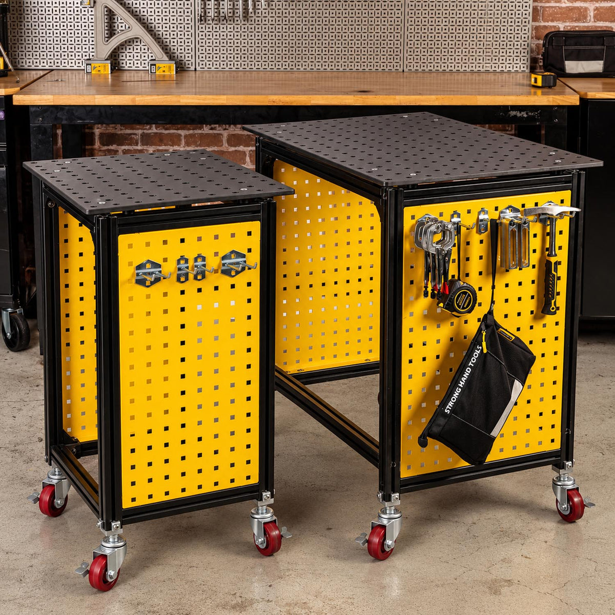 Hand on the edge of the Tech Cart steel top showing the plate thickness above the yellow pegboard