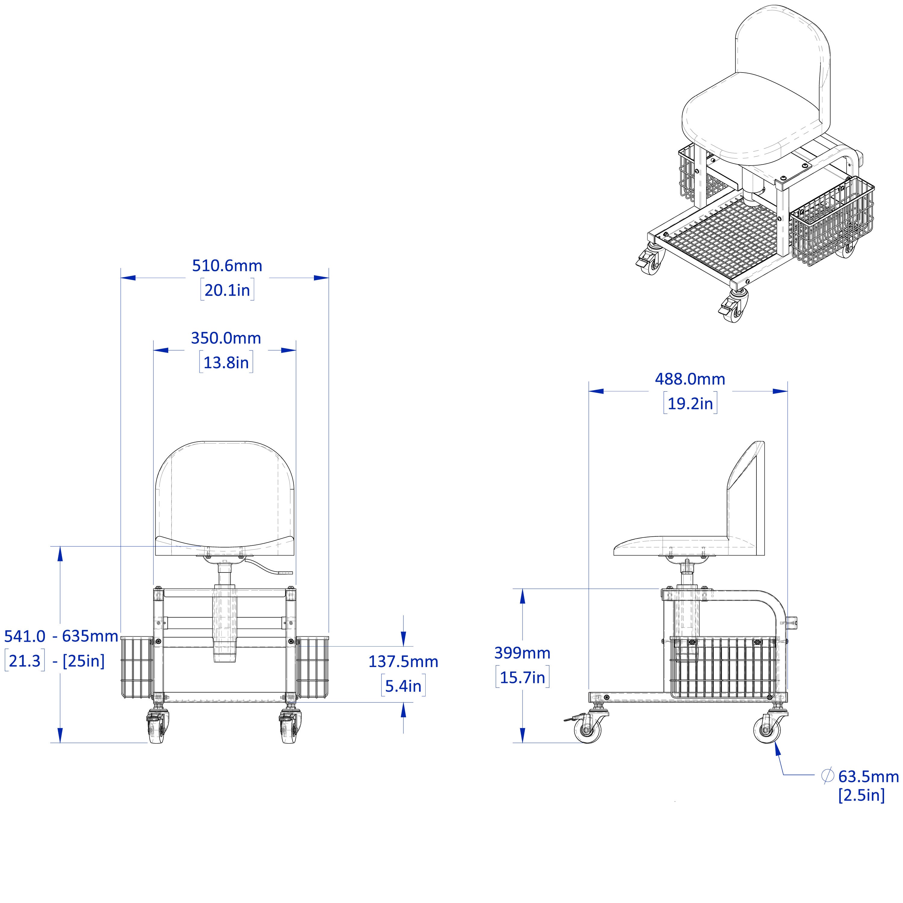Cushioned Work Rover Stool, Four Wheels
